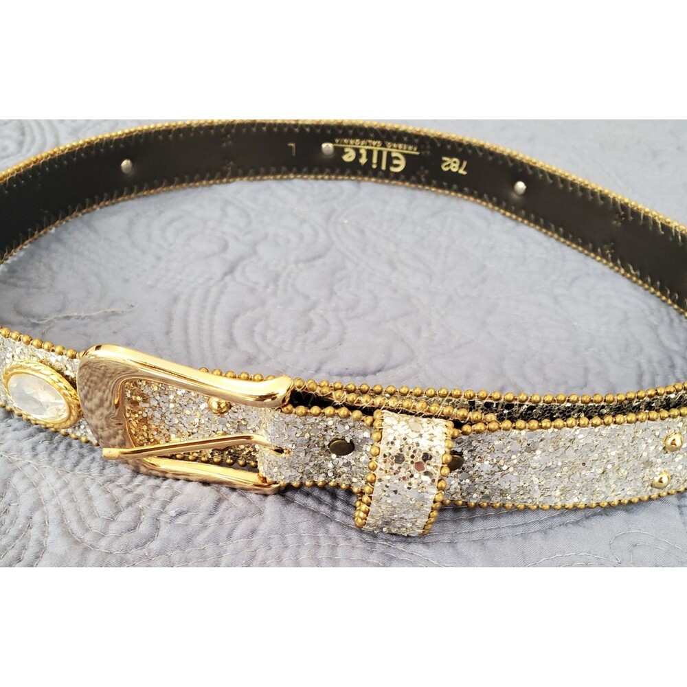 Elite Fresno California Belt sz L Glitter Rhinestone Studded Silver Gold Buckle